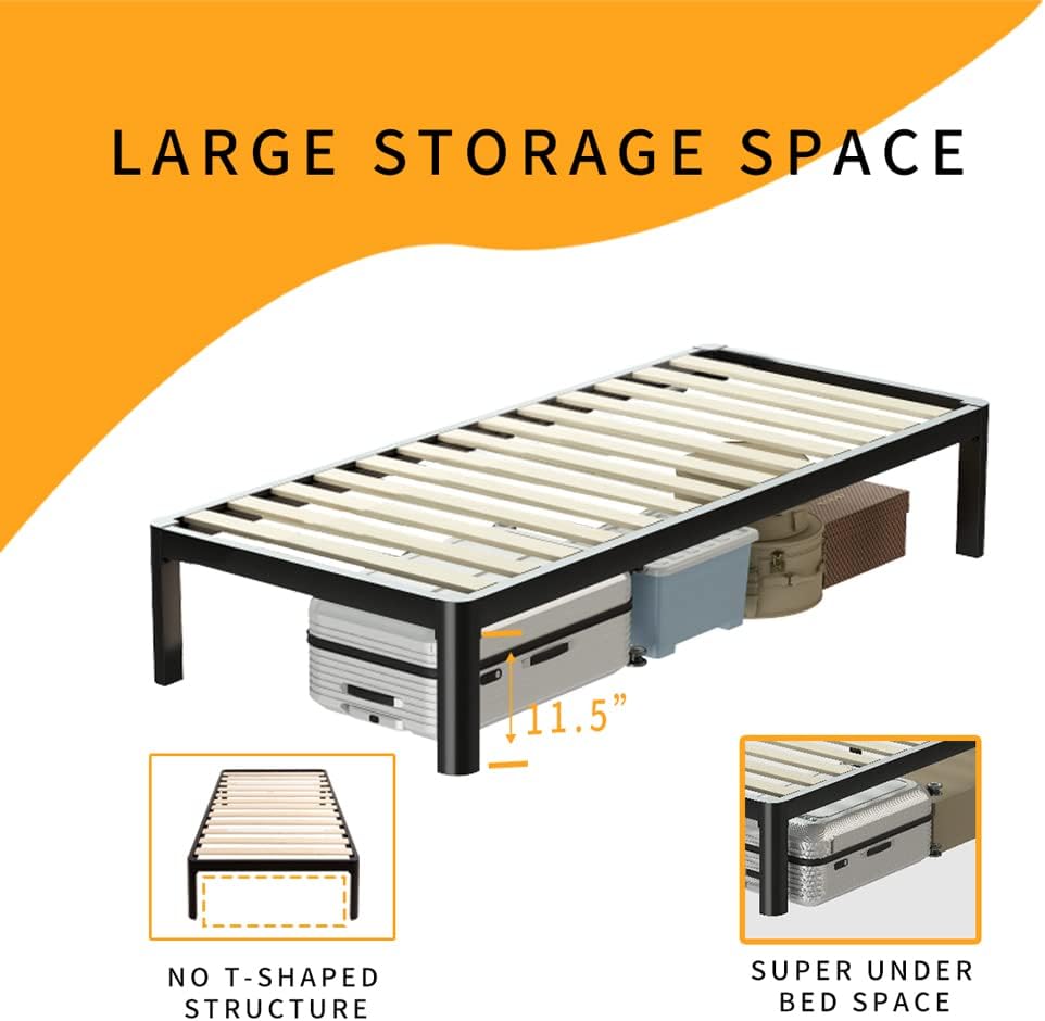 MAF 14 Inch Twin Platform Bed Frames with Wooden Slats, Black 3500 Lbs Heavy Duty Metal Bed Frame with Anti-Collision Round Legs, No Box Spring Needed, Easy Assembly