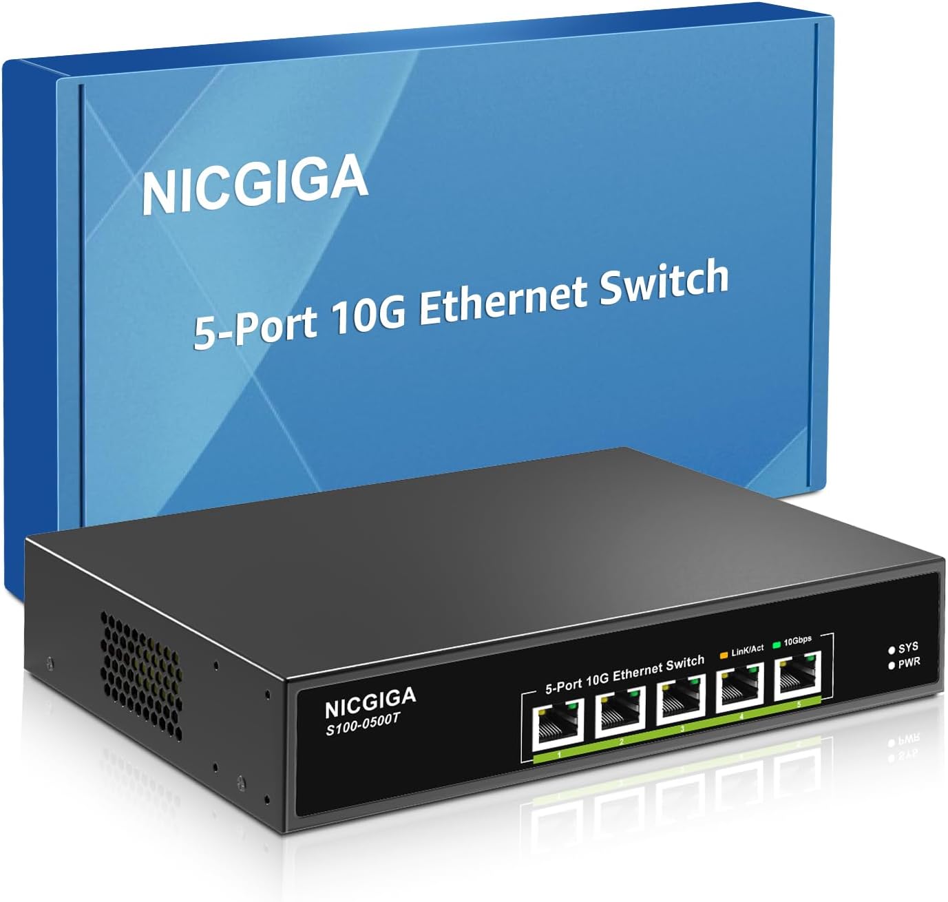 5 Port 10G Ethernet Switch Unmanaged,with 5X 10Gb Base-T RJ45 Ports, NICGIGA 10Gbps Network Switch Easy for 10G NAS,PC,WiFi7 Router,10G Adapter/NIC. Desktop or 19-inch Rack Mount, Plug and Play.