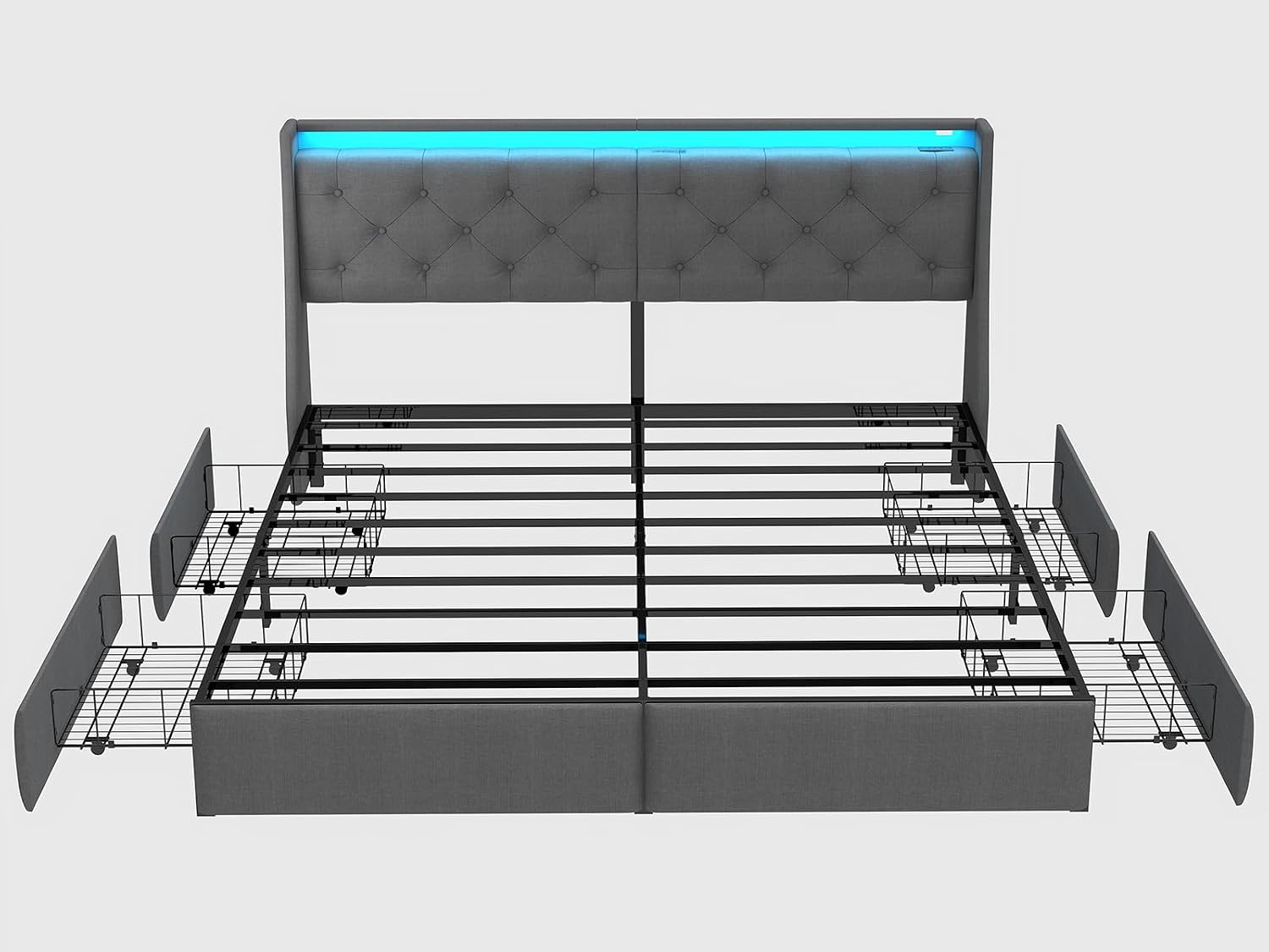 SADENICEL King Size Bed Frame with Storage Headboard, Metal Platform Bed Frame King with 4 Drawer, LED Light, Charging Station, No Box Spring Needed, Noise Free, Easy Assembly, Grey