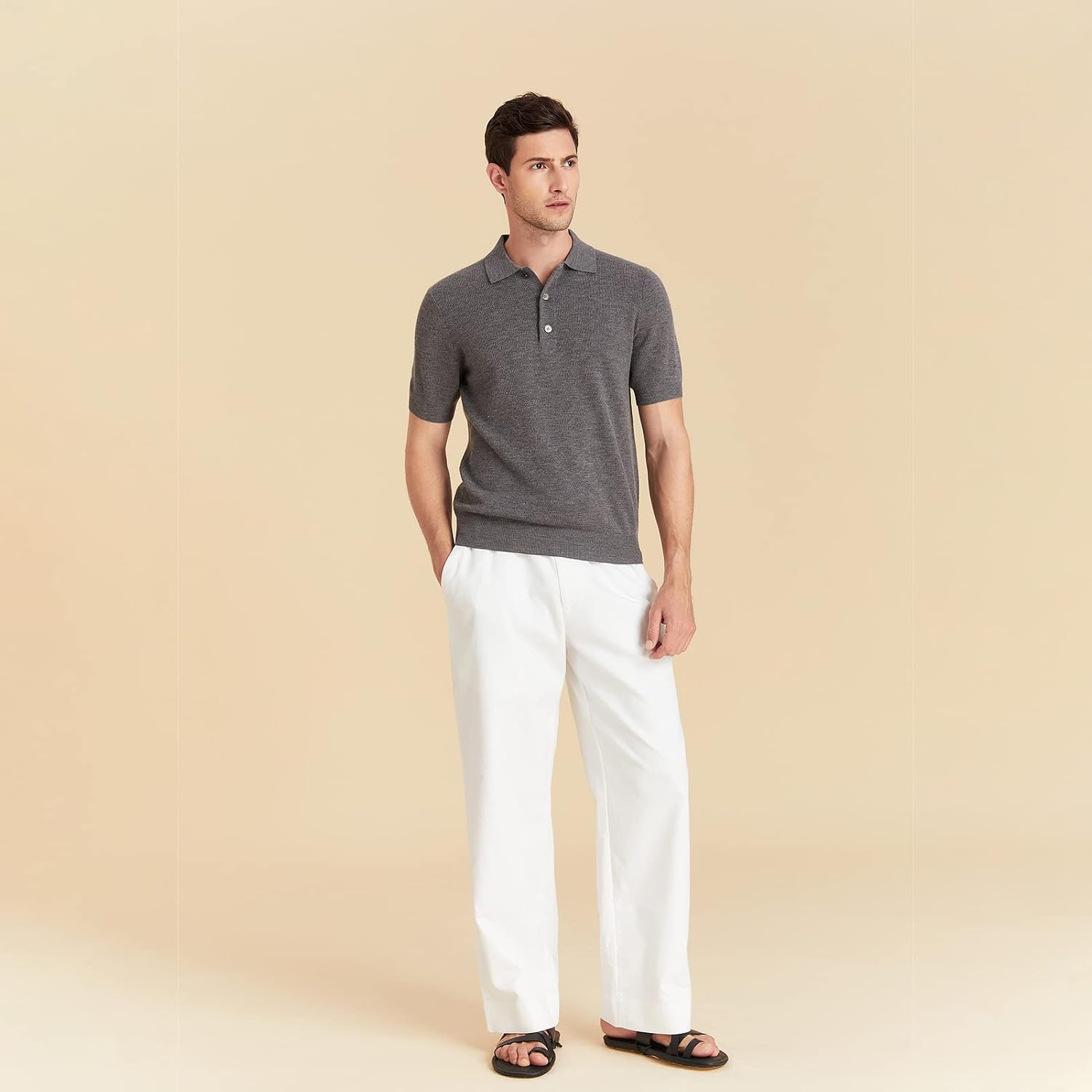 GreenMount Men's Merino Wool Polo Shirt Jacquard Short Sleeve Soft Light Weight