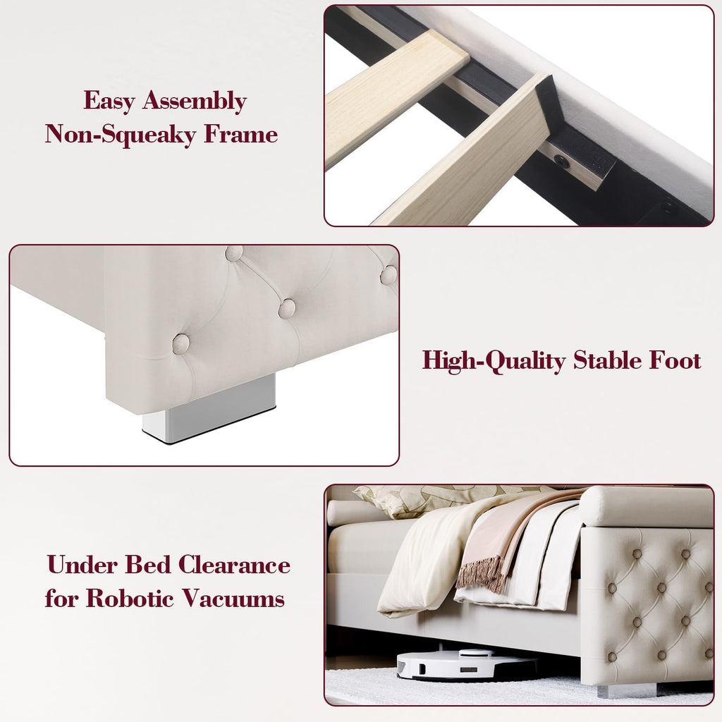 ROCHECASA Bed Frame with Storage and Charging Station, 50.6' Tall Velvet Upholstered Sleigh Bed with Wingback Bookcase Headboard with LED Light, No Box Spring Needed, Easy Assemble, Twin, Cream
