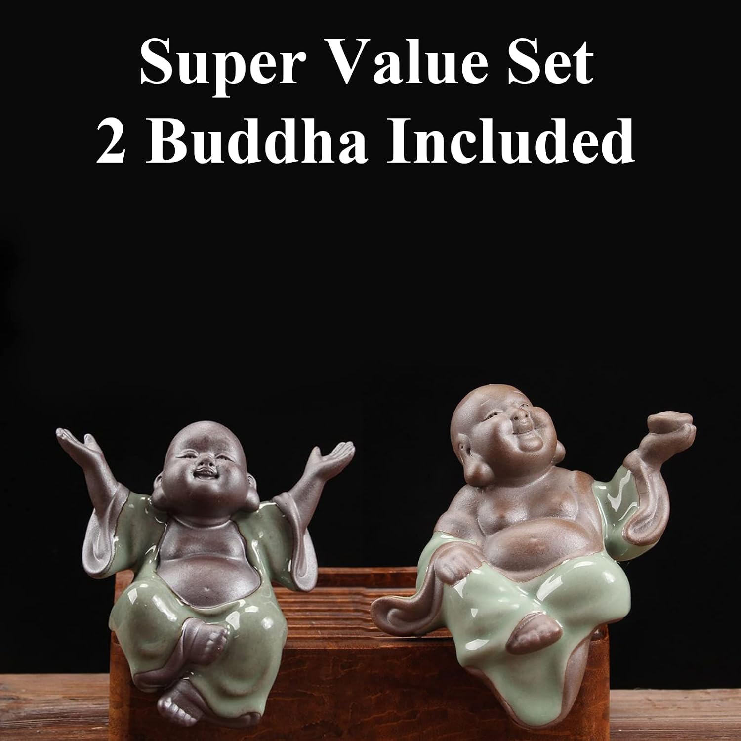 Ceramic Buddha Water Fountains Indoor Waterfall with LED 2 Buddhas Mist Water Fountain with Backflow Incense Holder for Feng Shui Strees Relief Wealth-Booming Japanese Decor