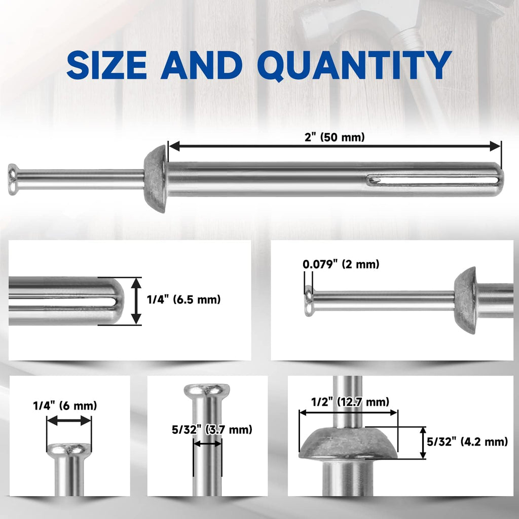 meite Hammer Drive Anchors 1/4' x 2' for Handrails & Wall-Mounted Fixtures, Strong Holding Masonry Anchors, Zinc-Plated Steel, Ideal for Concrete & Brick (5 Boxes)