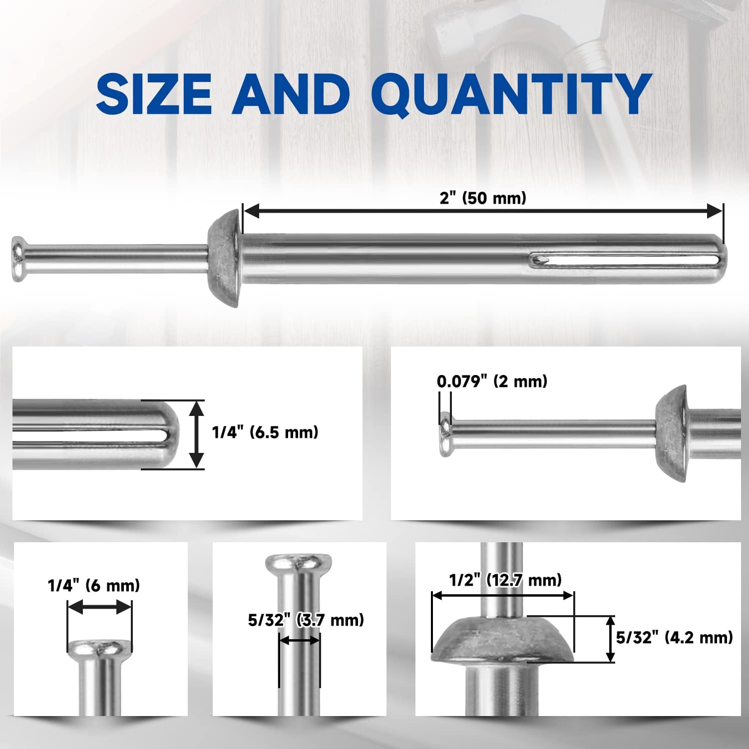 meite Hammer Drive Anchors 1/4' x 2' for Handrails & Wall-Mounted Fixtures, Strong Holding Masonry Anchors, Zinc-Plated Steel, Ideal for Concrete & Brick (5 Boxes)