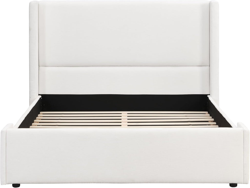 Merax Queen Size Bed Frame, Elegant White Upholstered Platform Bed with 41.1' Tall Wingback Headboard for Bedroom, Solid Wood Slats Support, No Box Spring Needed, Easy Assembly