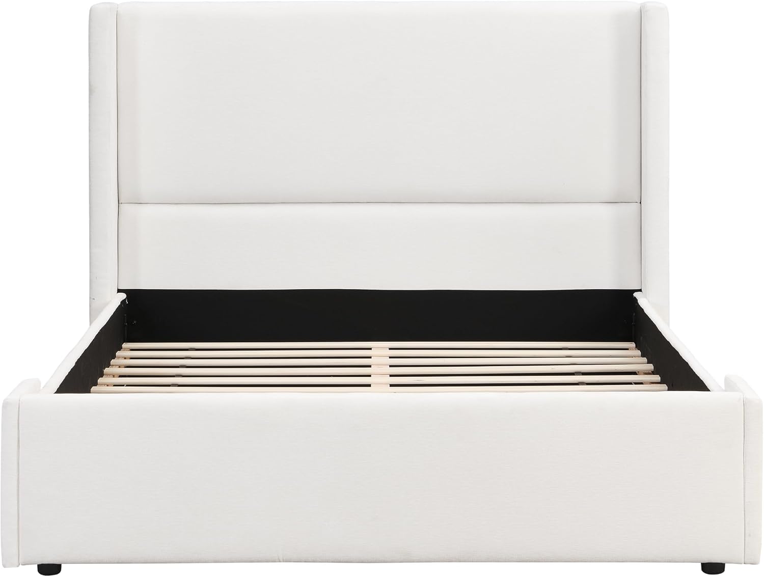 Merax Queen Size Bed Frame, Elegant White Upholstered Platform Bed with 41.1' Tall Wingback Headboard for Bedroom, Solid Wood Slats Support, No Box Spring Needed, Easy Assembly