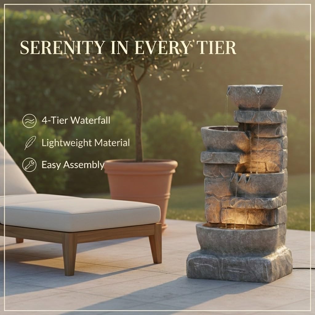Teamson Home 33.25 in. Cascading Bowls and Stacked Stones LED Outdoor Water Fountain for Gardens, Landscaping, Patios, Balconies, and Lawns for a Calming Oasis in Outdoor Living Spaces, Stone Gray