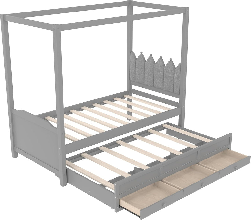 Twin Size Wood Canopy Bed with Upholstered Headboard, Twin Size Trundle and 3 Drawers, No Box Spring Needed (Gray, Twin)