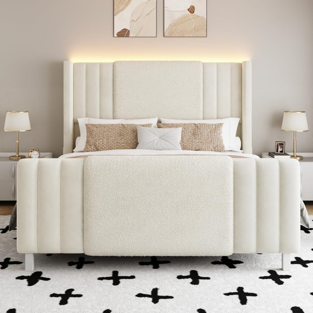Lihimte Queen Size Bed Frame with Tall Headboard and Footboard, Boucle and Velvet Upholstered Bed Frame Queen with LED Lights, Modern Platform Bed Frames, Noiseless, Easy Assembly, White