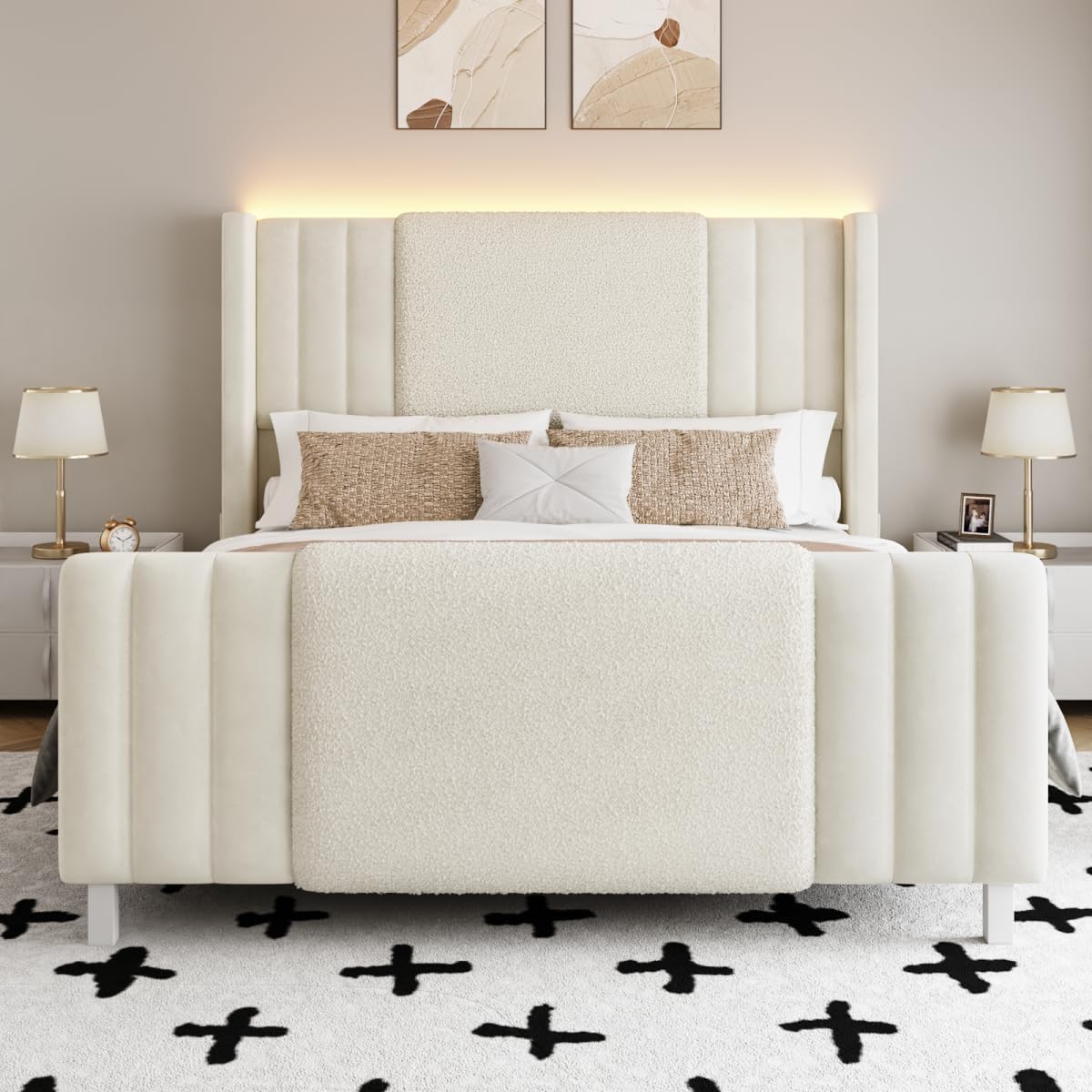 Lihimte Queen Size Bed Frame with Tall Headboard and Footboard, Boucle and Velvet Upholstered Bed Frame Queen with LED Lights, Modern Platform Bed Frames, Noiseless, Easy Assembly, White