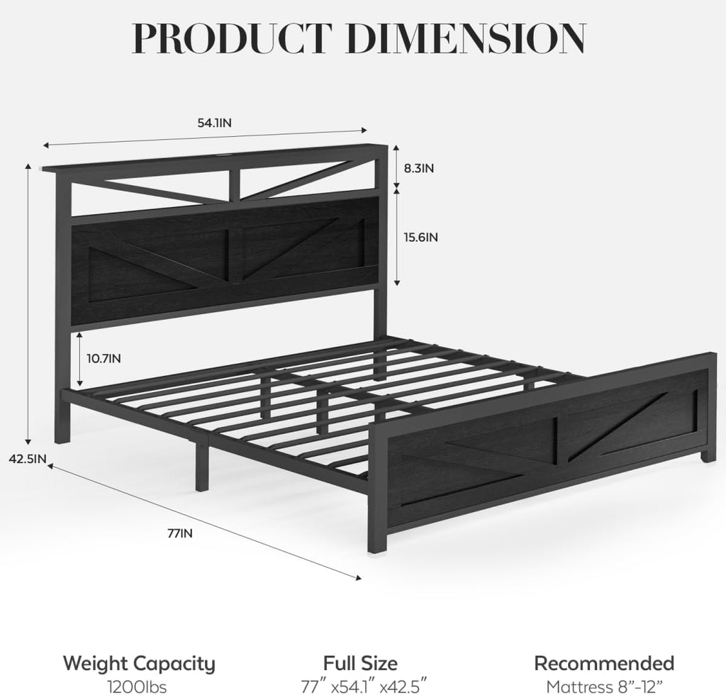 Rustic Full Size Bed Frame with Barn Door Headboard and Storage, Farmhouse LED Bed Frame Full with Charging Station, Industrial Bed Frames Metal Slats Support, No Box Spring Needed, Black