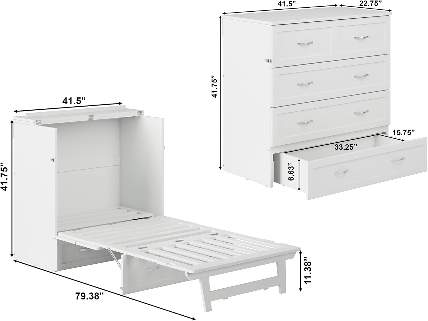 AFI, Northfield Murphy Bed Chest Twin XL with 6' Mattress, Storage Drawer & Built-in USB Charger, White