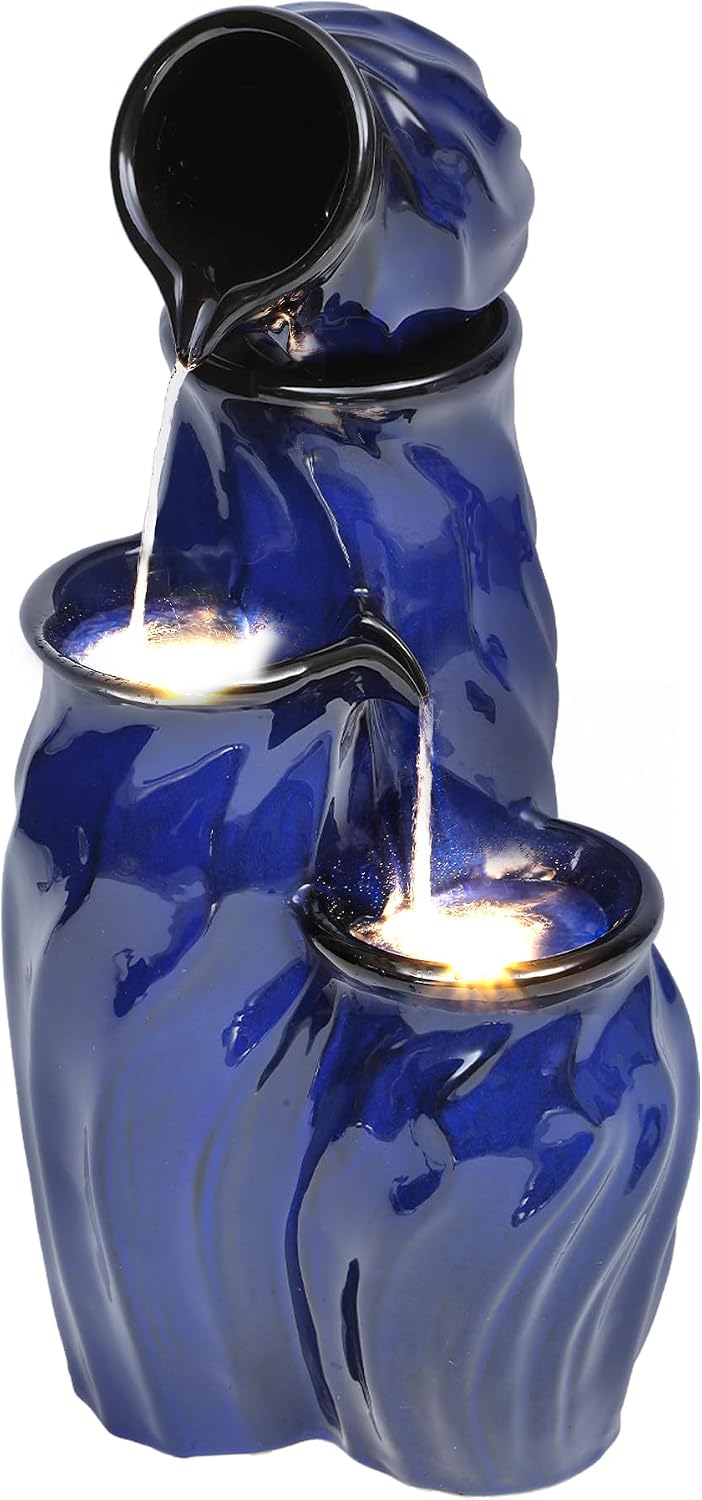 29' Ceramic Water Fountain Outdoor, 4-Tier Dynamic Wavy Outdoor Fountain with Artistic Cobalt Blue Glaze, Decorative Water Feature, Cascading Waterfalls for Serene Garden Patio Yard Porch Decor