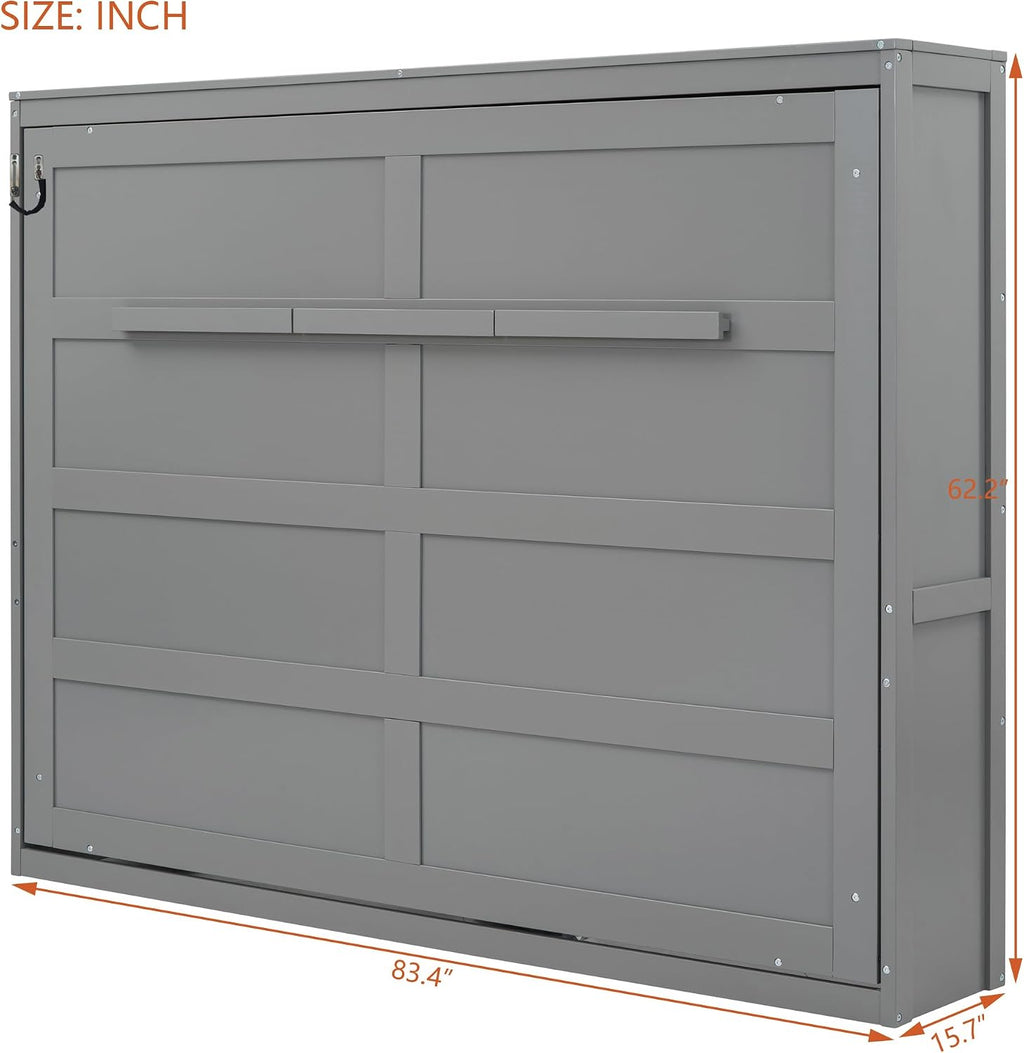 Merax Modern Murphy Cabinet Bed, Solid Wood Wall Platform Bed/No Box Spring Needed/Easy Assemble/Full,Gray