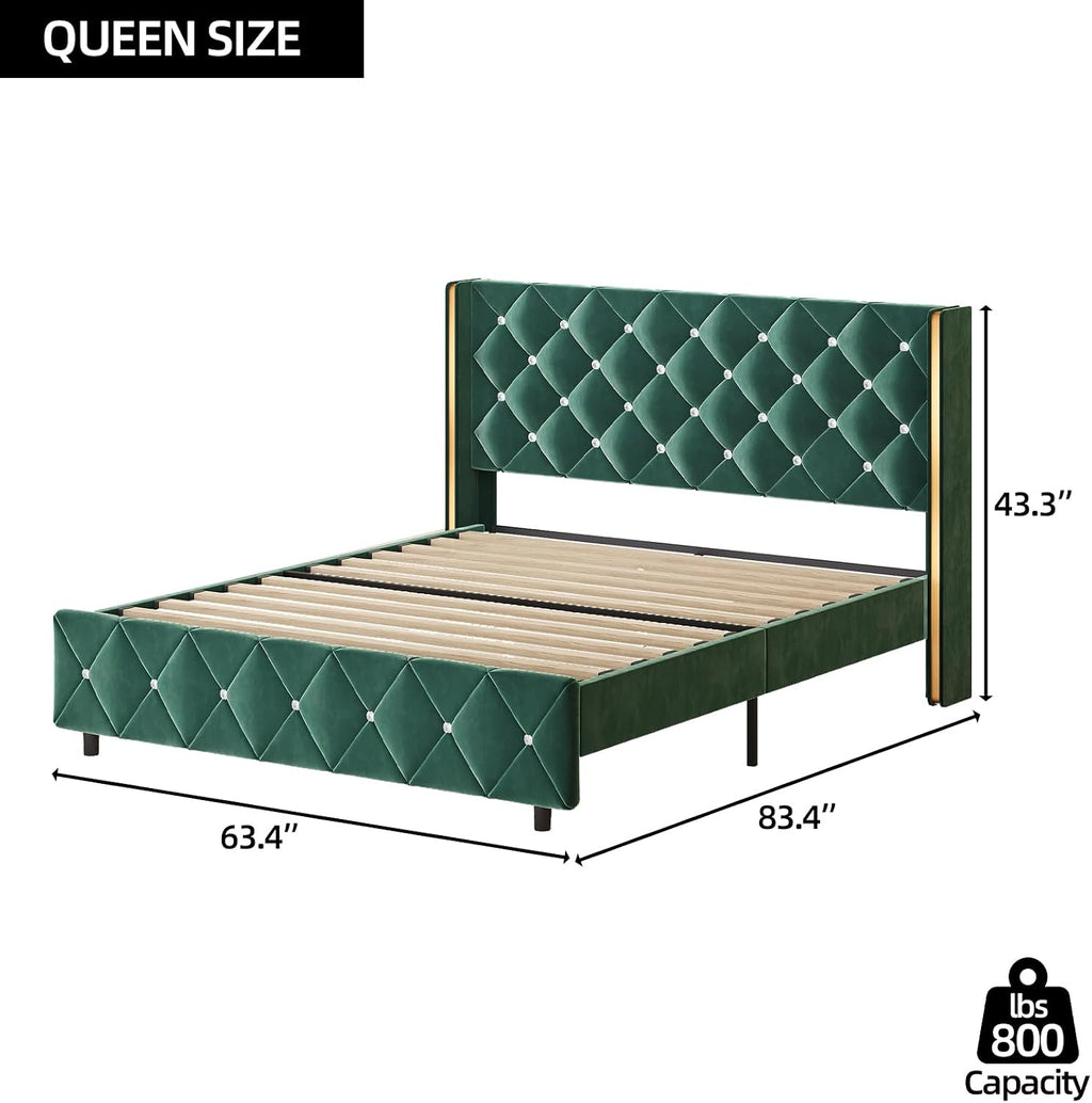 HOMBCK Queen Size Bed Frame, Velvet Upholstered Bed Frame with Wingback and Diamond Headboard, Wood Slat Support, No Box Spring Needed, Easy Assembly, Green