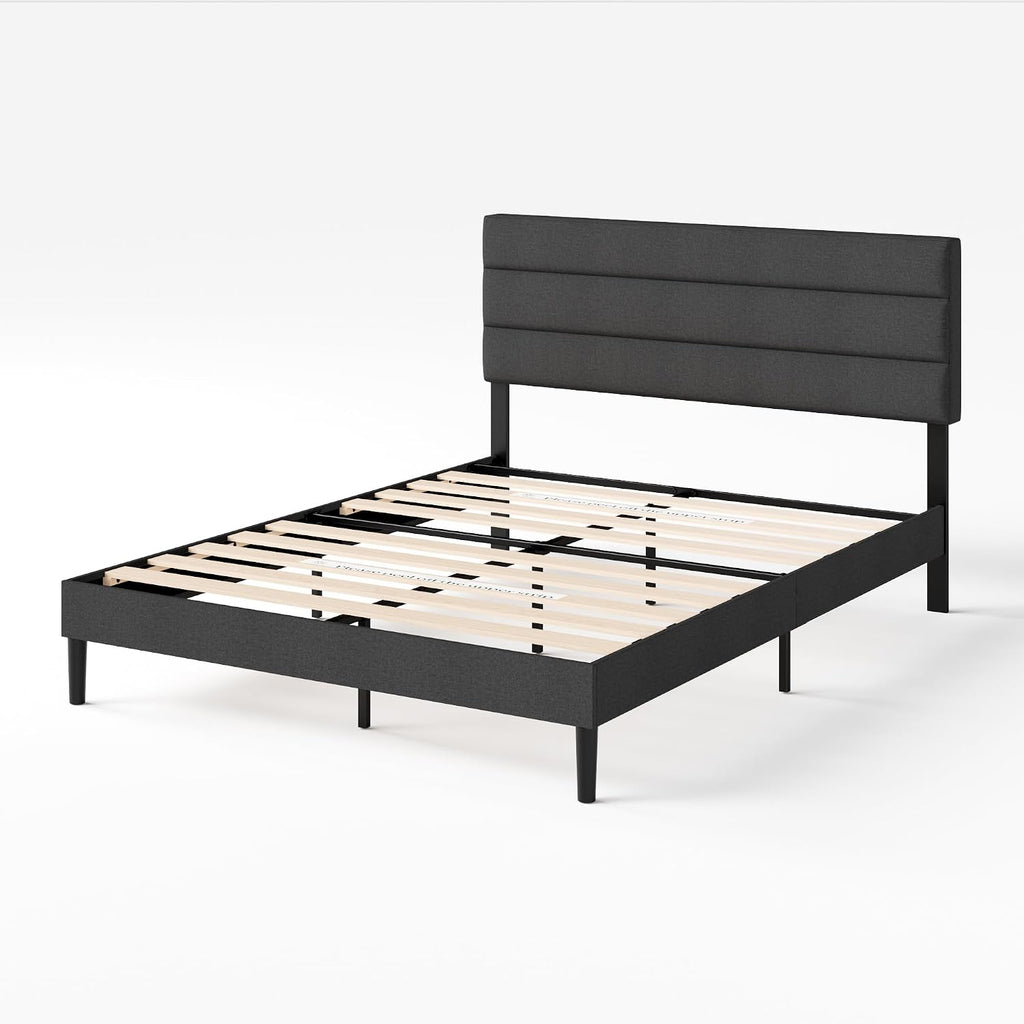 Zinus Full Piper Upholstered Platform Bed with Horizontal Paneled Headboard, Wooden Slat Support, No Box Spring Needed, Easy Assembly, Eco Friendly Packaging, Dark Grey