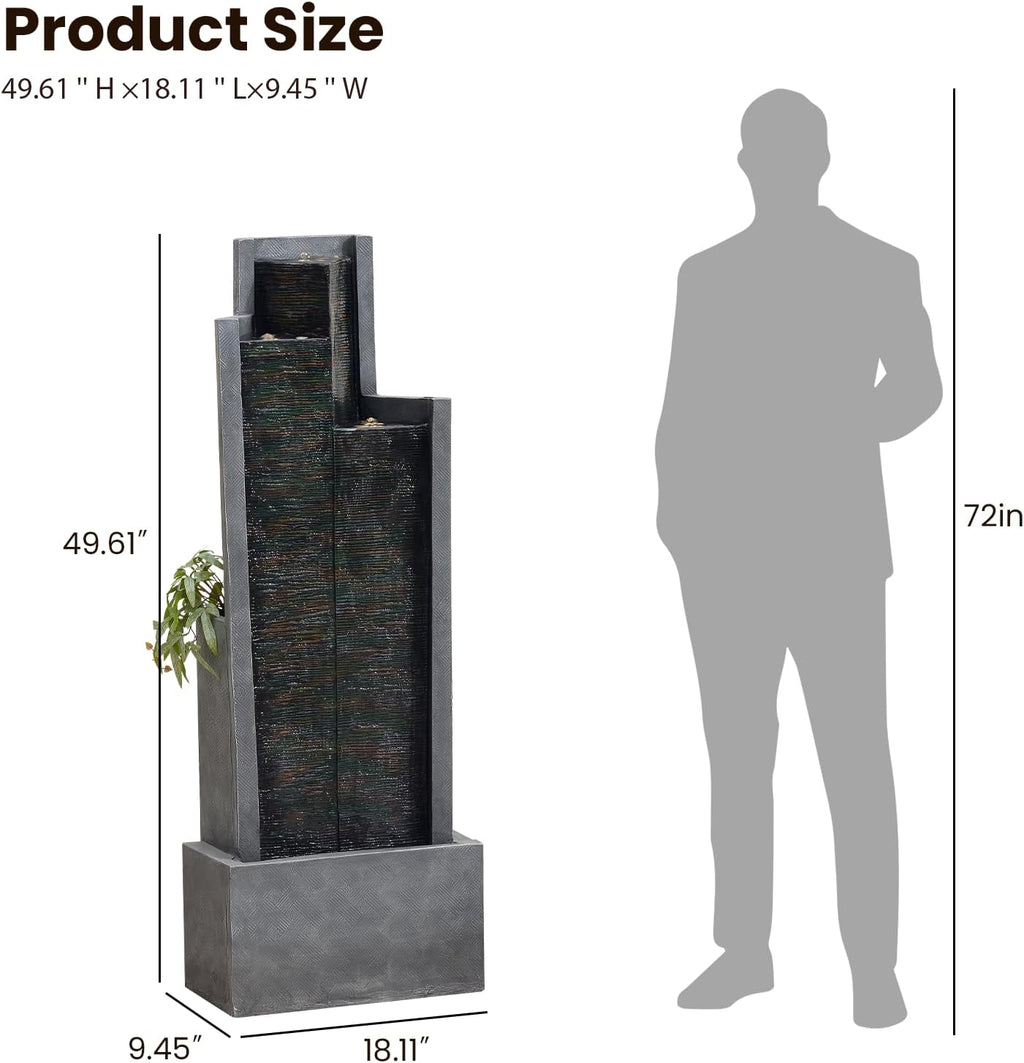 49.6' H Garden Fountains Outdoor Modern Cascading Indoor Water Fountain Tall Floor - Standing Fountain with Lights for Garden, Patio, Yard, Deck and Home Art Decor