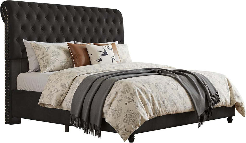 Jocisland Queen Bed Frame with 53' Tall Headboard, Velvet Upholstered Platform Sleigh Bed with Button Tufted, Solid Wood Legs, No Box Spring Needed, Easy Assembly, Black