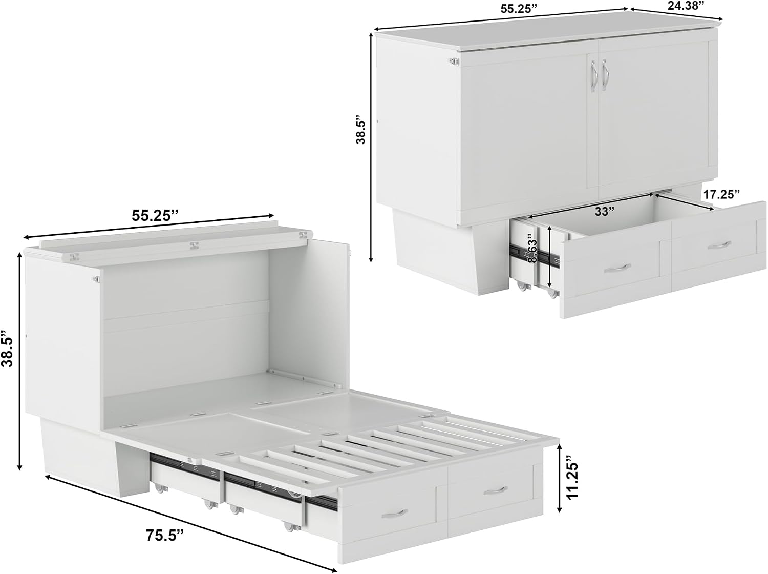 AFI, Monroe Full Murphy Bed Chest with 6' Mattress, Storage Drawer & Built-in USB Charger, White