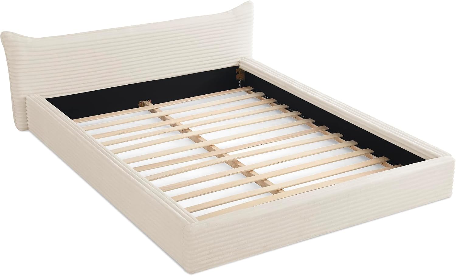 Queen Size Upholstered Bed with Decorative Curved Headboard, Solid Velvet Fabric Grounded Platform Bed Frame with Slats Support, No Box Spring Required (Beige-JU1)