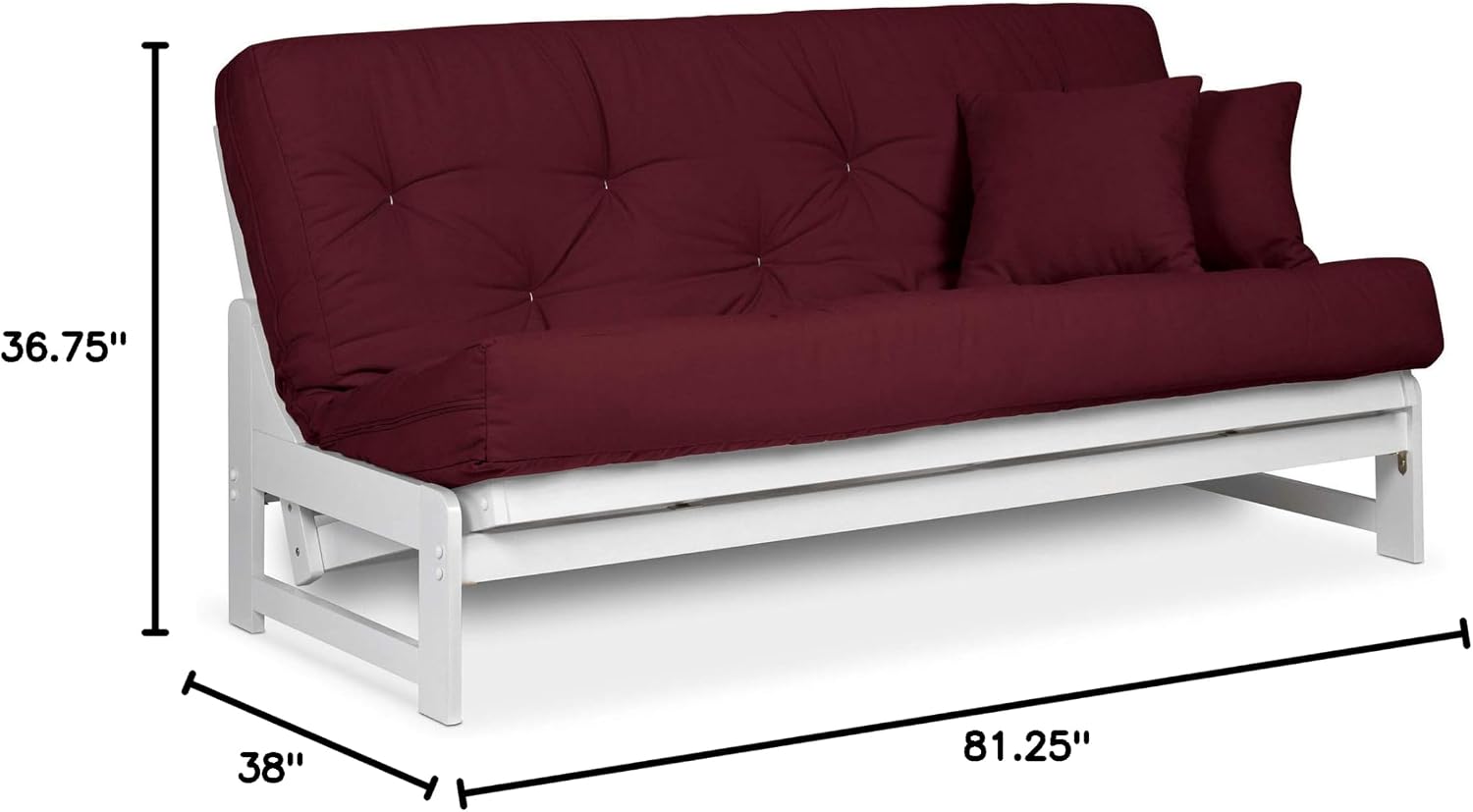 Nirvana Futons Arden White Futon Set Queen Size - Armless Futon Frame with Mattress Included (Twill Burgundy), Space Saving Modern Sofa Bed Sleeper