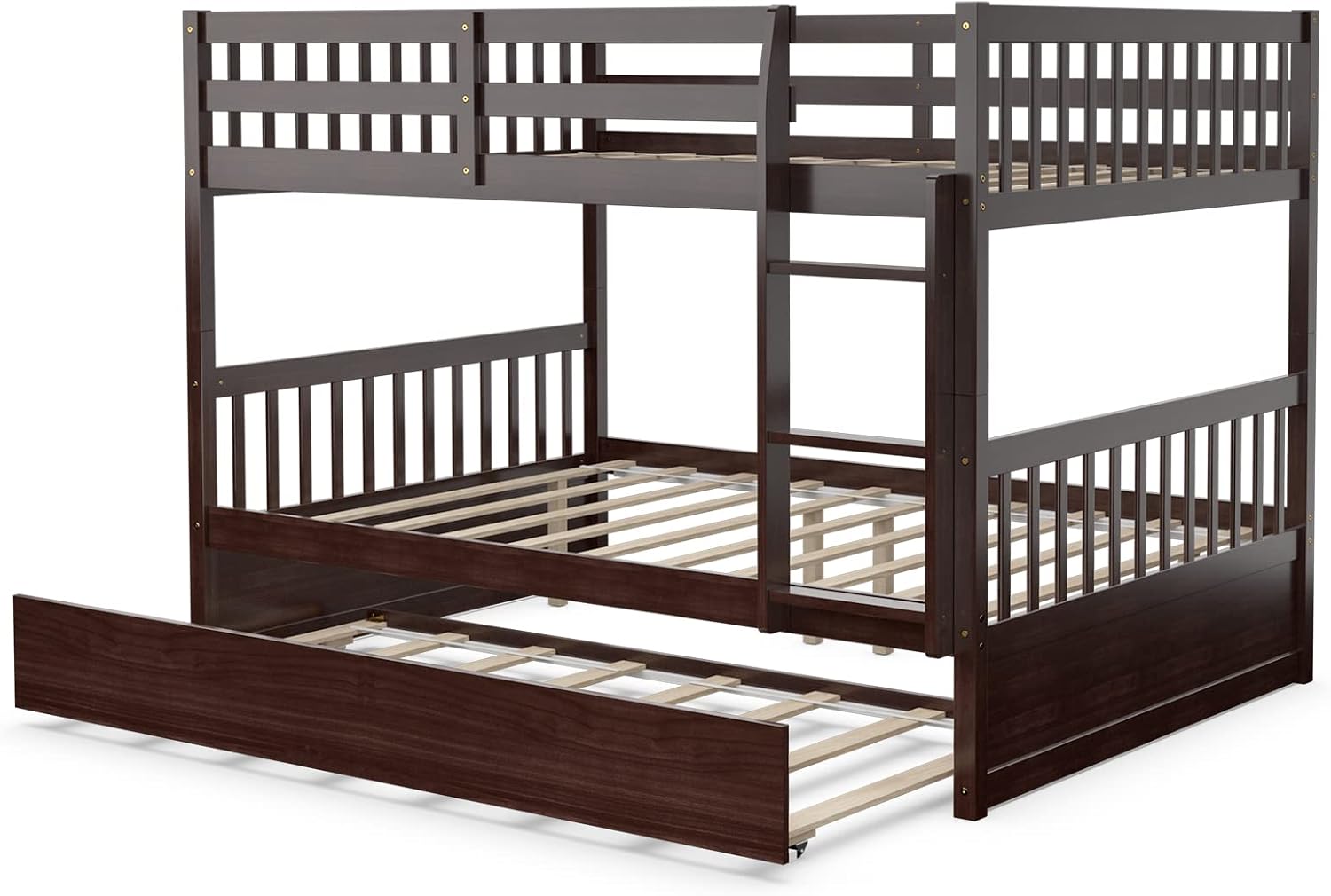 KOMFOTT Wood Full Over Full Bunk Bed with Trundle, Full Bed Frame with Ladder, Solid Wood Frame & Safety Guardrails, Space-Saving Bunk Bed for Teens & Adults, No Box Spring Needed