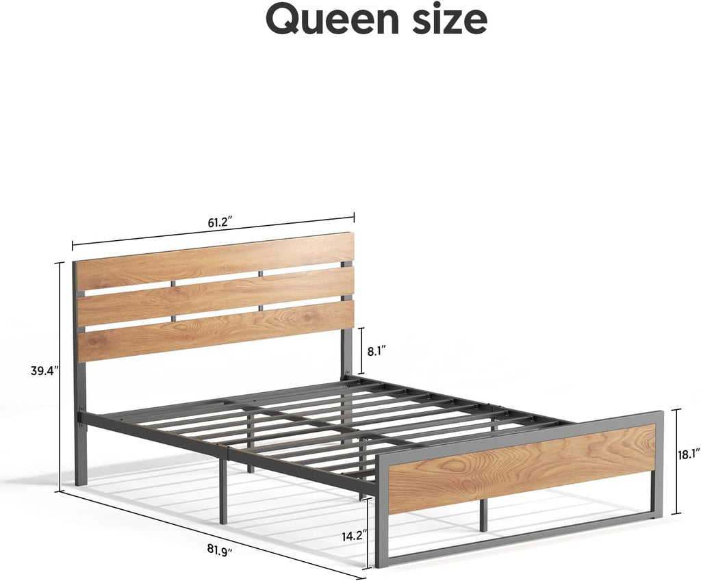 BONSOIR Queen Size Bed Frame Steady Steel Platform with Wood Headboard/Footboard,No Box Spring Needed, Easy Assembly, Squeaking Free (Queen Size)