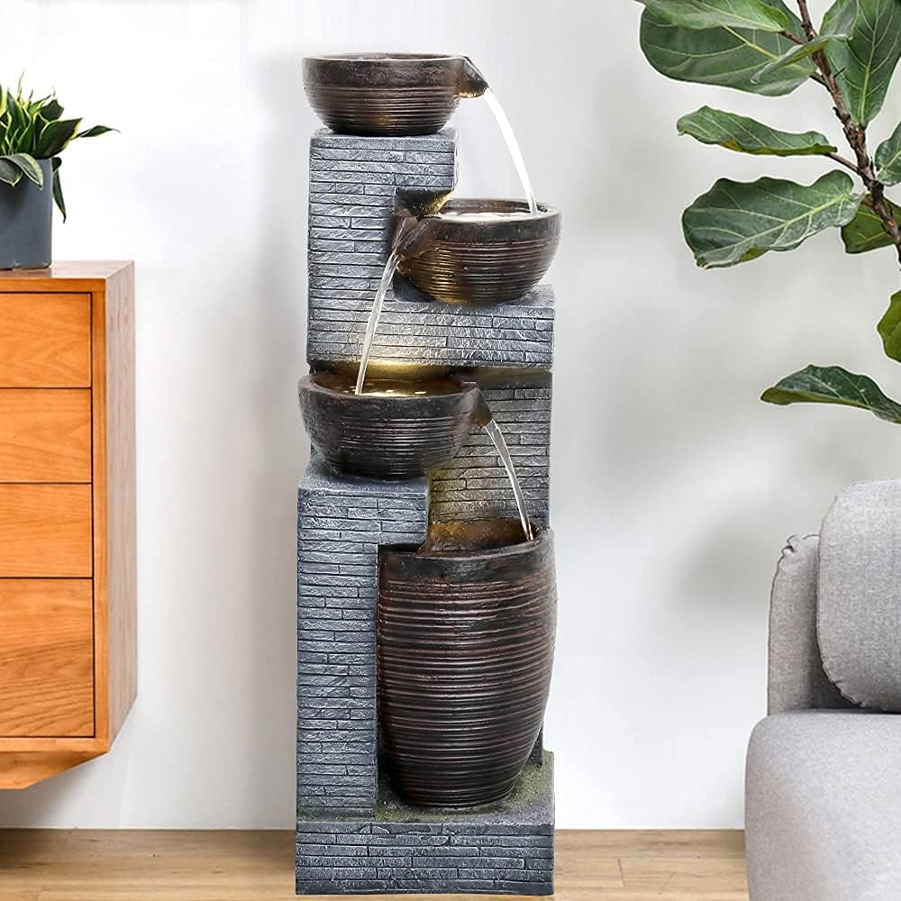 SunJet Indoor/Outdoor Cascading Water Fountain - 40.1inches Garden Fountains with Warm Lights, 4 Bowls Waterfall Feature for Home Deck, Patio, Porch, Yard Decor