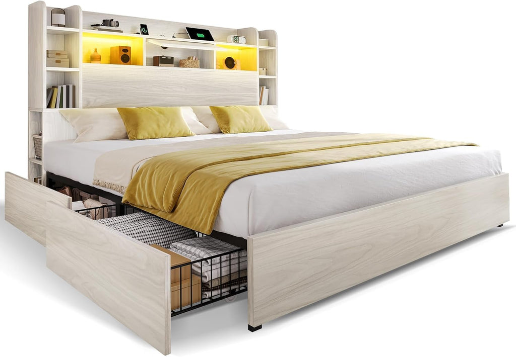 DWVO King Size Bed Frame with Bookcase Headboard and 4 Storage Drawers, RGB LED Bed Frame with Type-C & USB Charging Station Storage Headboard Bed, No Box Spring Needed, Noise Free, Wooden White