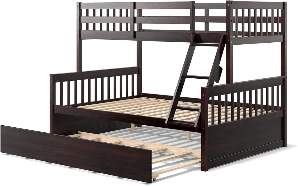 KOMFOTT Wood Twin Over Full Bunk Bed with Trundle, Bed Frame with Solid Pine Wood Frame, Space-Saving Bunk Bed with Ladder & Safety Guardrails, No Box Spring Needed