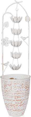 Alpine Corporation 30' Tall Metal Rustic Water Fountain with Decorative Flower, Cascading Waterfall Feature for Gardens, Patios, and Outdoor Decor, White