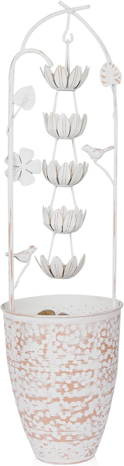 Alpine Corporation 30' Tall Metal Rustic Water Fountain with Decorative Flower, Cascading Waterfall Feature for Gardens, Patios, and Outdoor Decor, White
