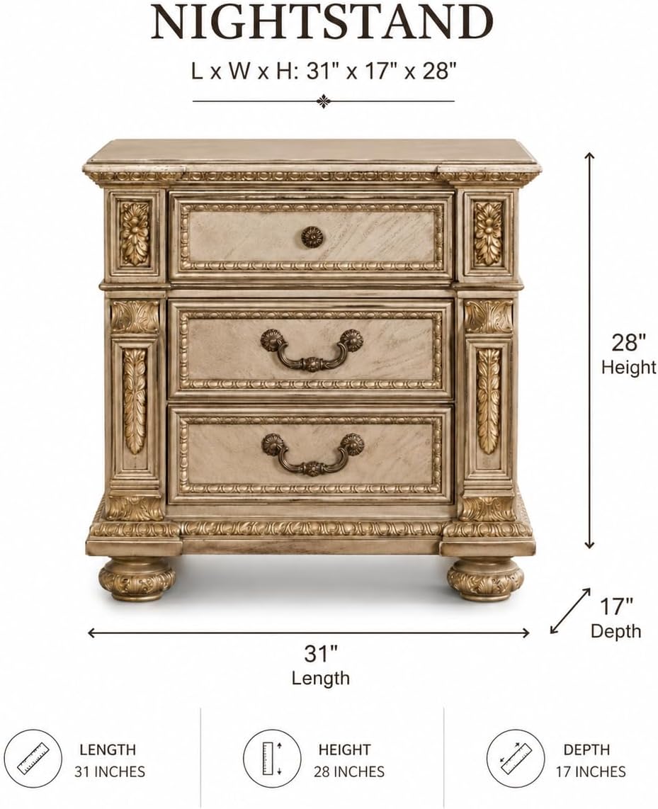 First of a Kind Carolina Gold Finish Traditional Nightstand, High Gloss Style Bedside Table, Upholstered Design, Ornate Carved Wood Accent Furniture for Coordinated Bedroom Interiors