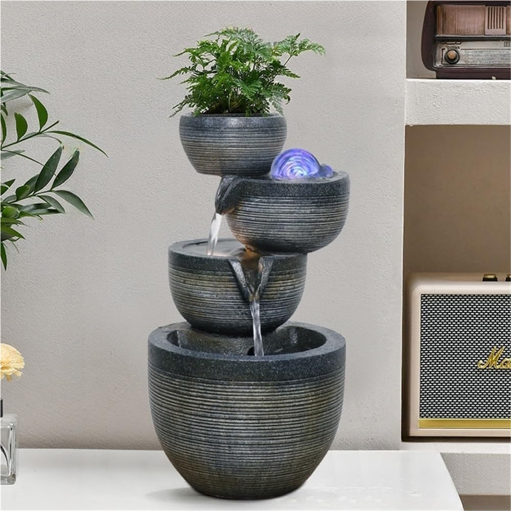 Indoor Fountain – Cascading Water Feature, Resin Fountains with LED Lights/Rolling Ball/Automatic Pump for Home, Decorative Tabletop Waterfall with Pot to Grow Plant by Yourself(A)