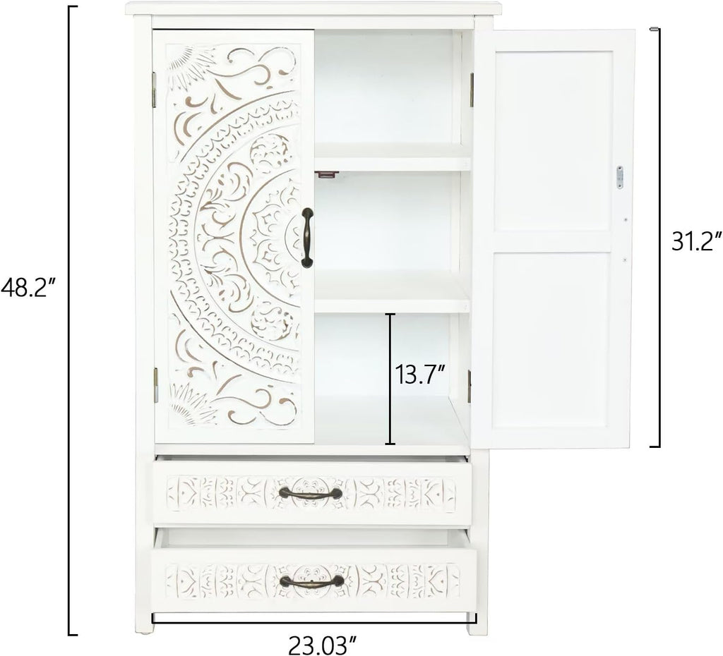 JIJIWANG 27'' Accent Tall Tower White Storage Cabinet - Rustic Wood Sideboard Pantry Cabinet with Storage for Home Decor and Organization Chic Cabinets with Two Doors and Two Drawers