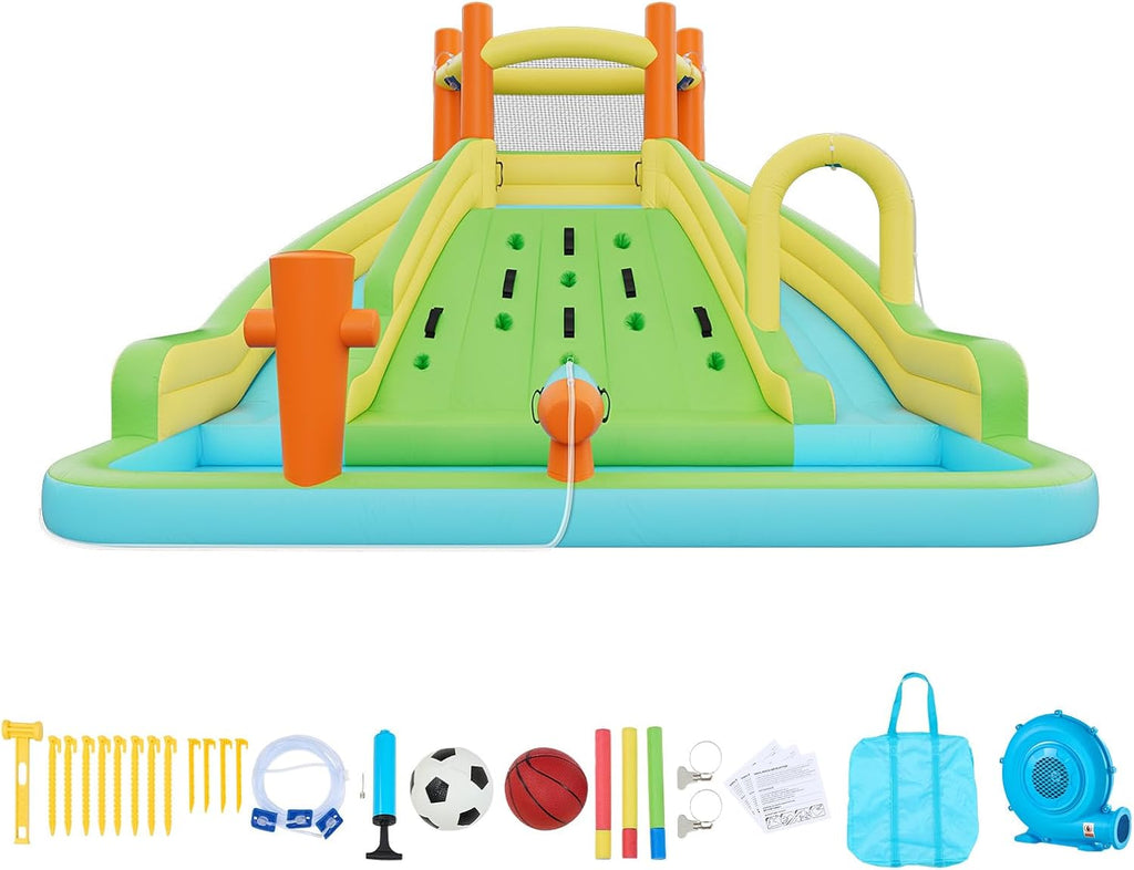 VEVOR Inflatable Water Slide Bounce House with Blower, Compact 5-in-1 Kids Bouncy Castle with Slide, Splash Pool, Climbing Wall, Basketball Hoop & Bounce Area for Kids