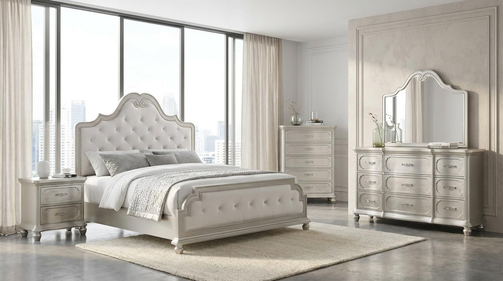 First of a Kind Roma Silver Finish Traditional 5 Piece Queen Bedroom Set with Upholstered Tufted Headboard Classic European Style Coordinated Furniture Collection
