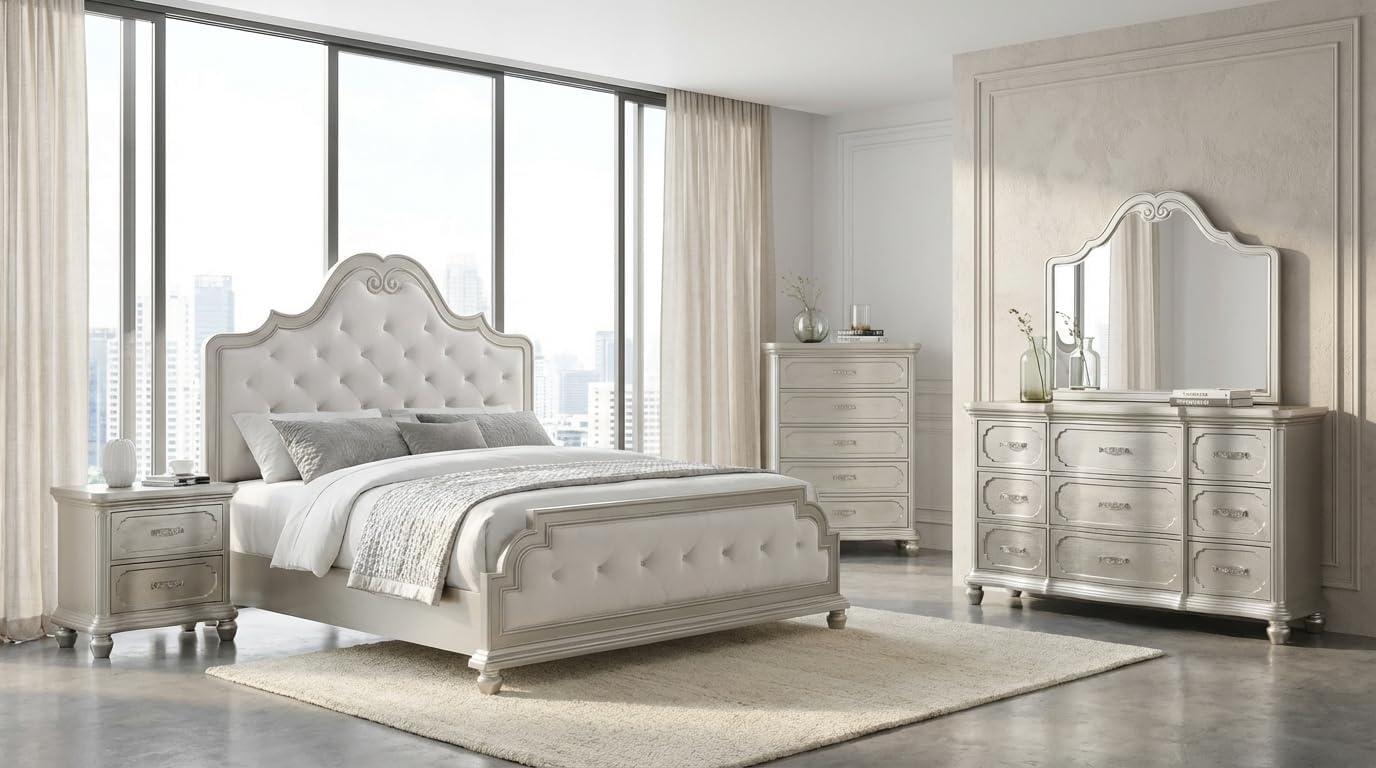 First of a Kind Roma Silver Finish Traditional 5 Piece Queen Bedroom Set with Upholstered Tufted Headboard Classic European Style Coordinated Furniture Collection
