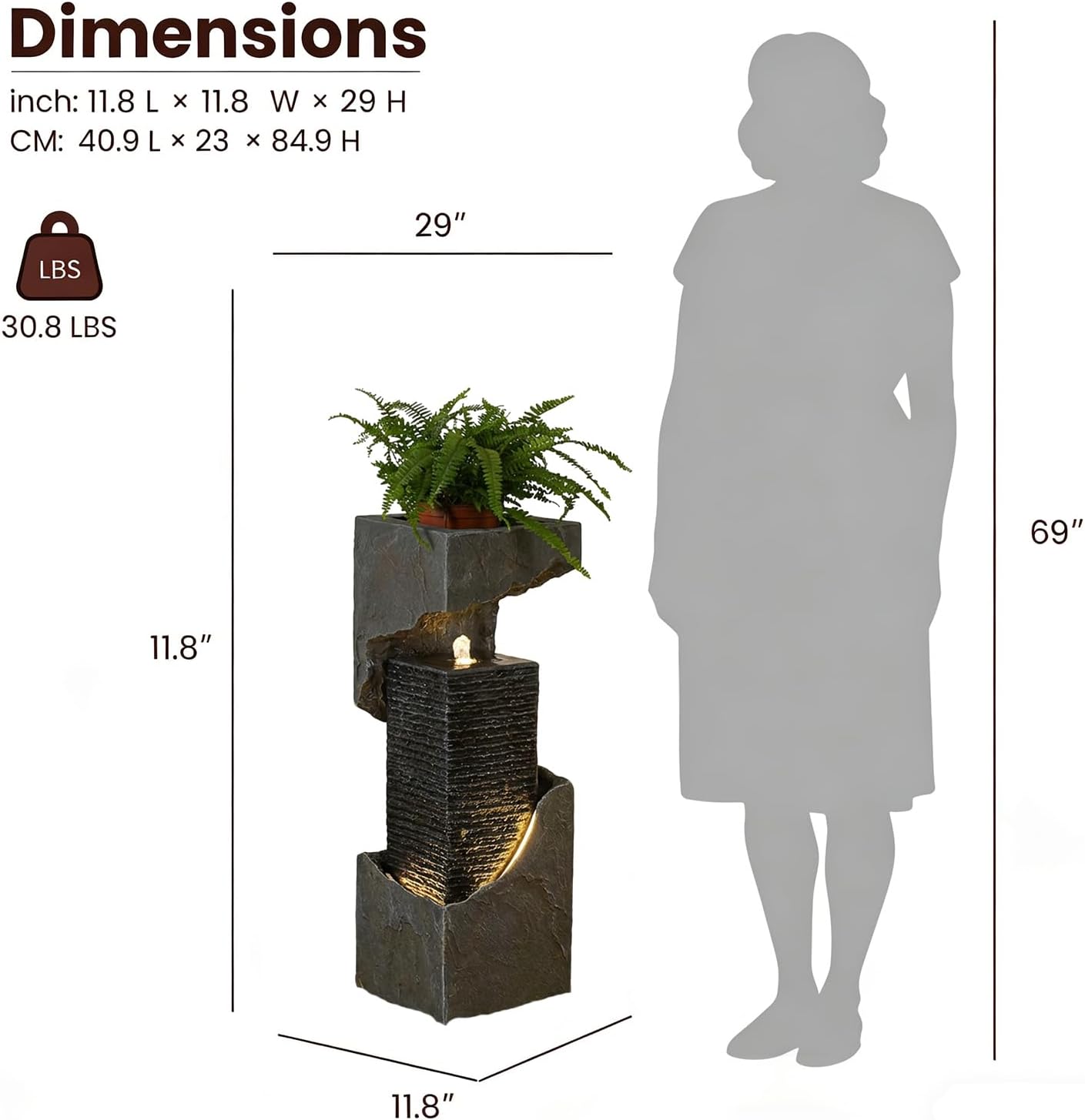 Modern Rectangular Water Fountain Outdoor with LED Lights & Planter Top, 35.4' Tall Resin Cascading Waterfall Feature for Patio Backyard Garden Décor, Outdoor Water Feature