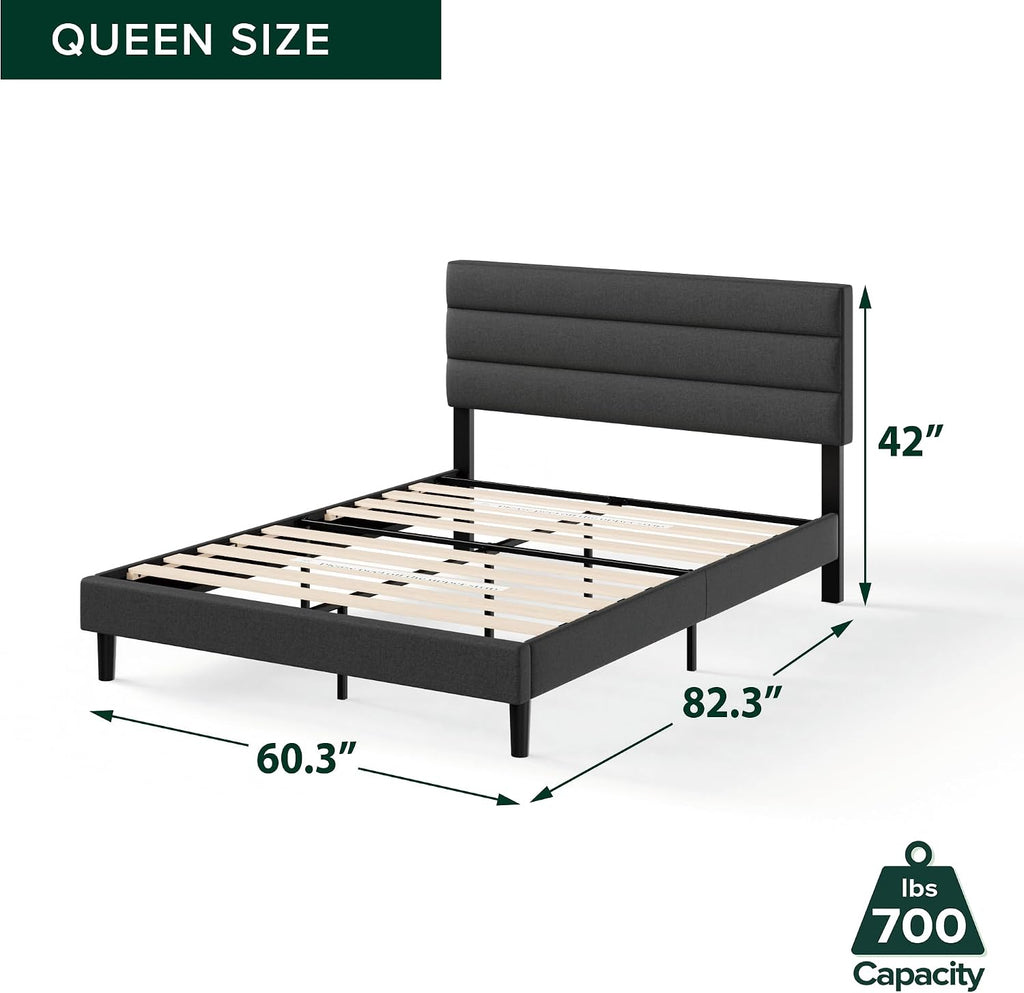 Zinus Queen Piper Upholstered Platform Bed with Horizontal Paneled Headboard, Wooden Slat Support, No Box Spring Needed, Easy Assembly, Eco Friendly Packaging, Dark Grey
