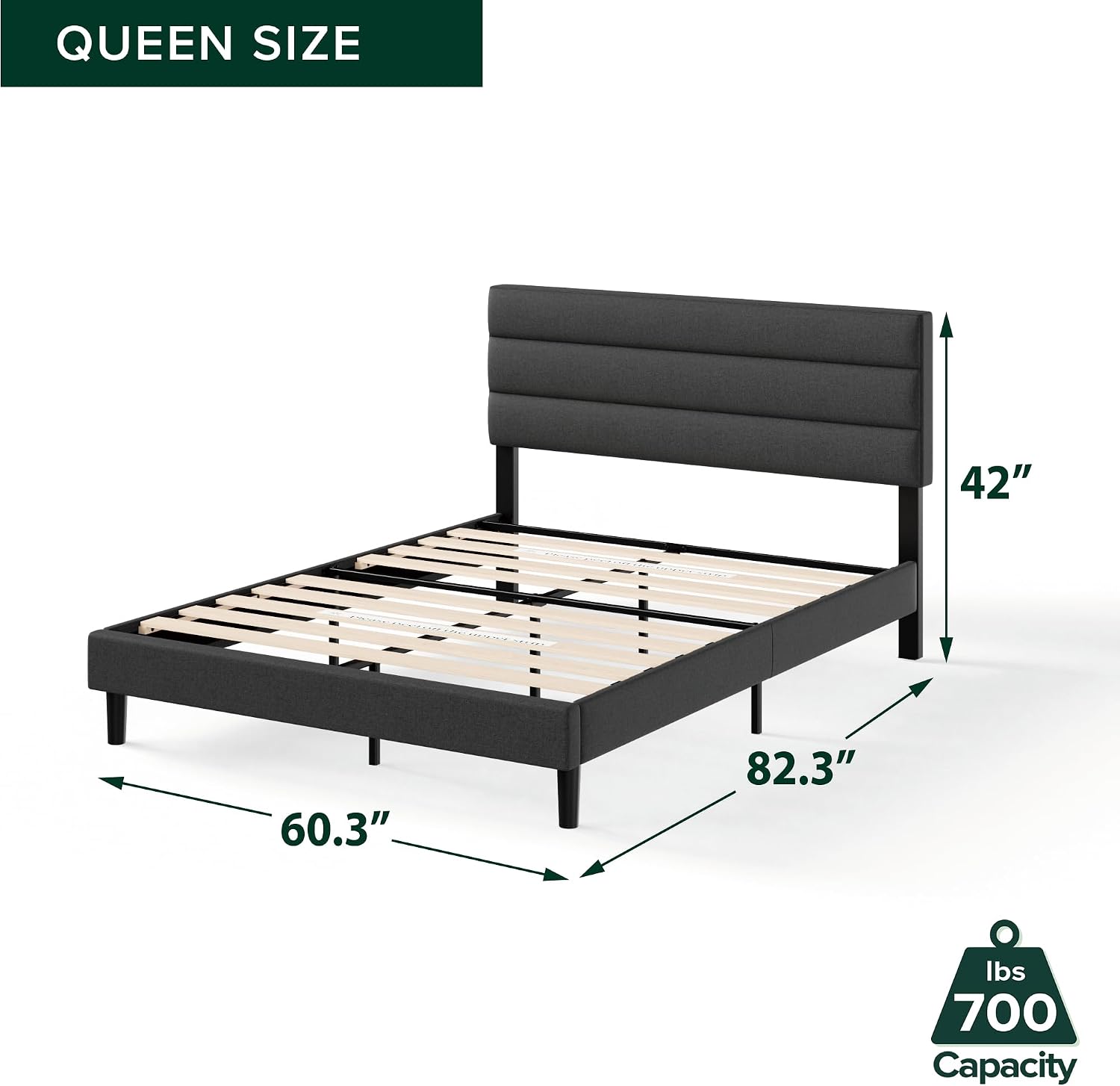 Zinus Queen Piper Upholstered Platform Bed with Horizontal Paneled Headboard, Wooden Slat Support, No Box Spring Needed, Easy Assembly, Eco Friendly Packaging, Dark Grey