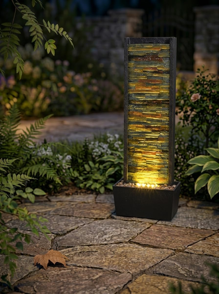 Cheng Pin 38 Inch Tall Indoor & Outdoor Water Fountain, Staggered Stone Wall Waterfall Fountain with LED Lights, Relaxing Ambience Water Feature Decor for Living Room, Bedroom, Office, Garden, Yard