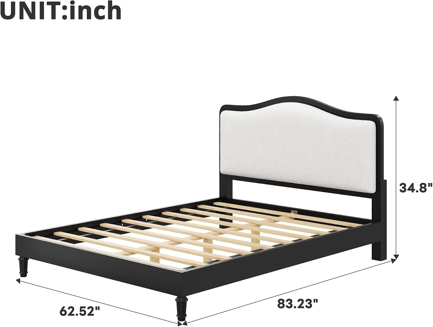 VilroCaz Queen Size Platform Bed with Upholstered Headboard, Versatile Solid Wood Platform Bed Frame with Sturdy Slats Support (Black Frame, Queen)