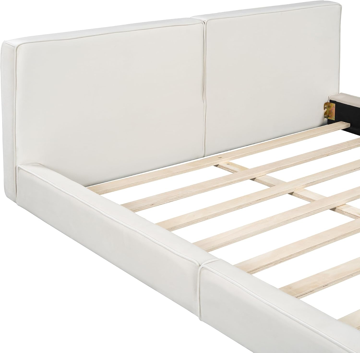 Queen Size Upholstered Platform Bed with Velvet Fabric Headboard, Solid Wood Grounded Bed Frame with Slats Support for Bedroom, Easy Assembly,No Box Spring Needed (Beige-173J)