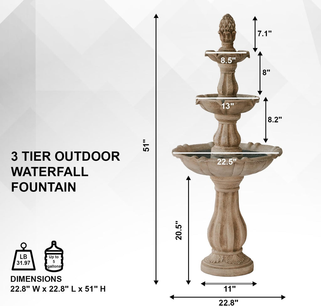 XBrand 51' 3-Tier Outdoor Freestanding Waterfall Fountain with Pump and Pineapple Finial, Beige
