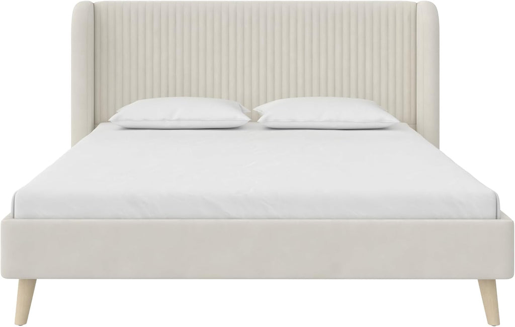 Novogratz Holly Upholstered Wingback Bed Frame, Queen, Ivory Velvet