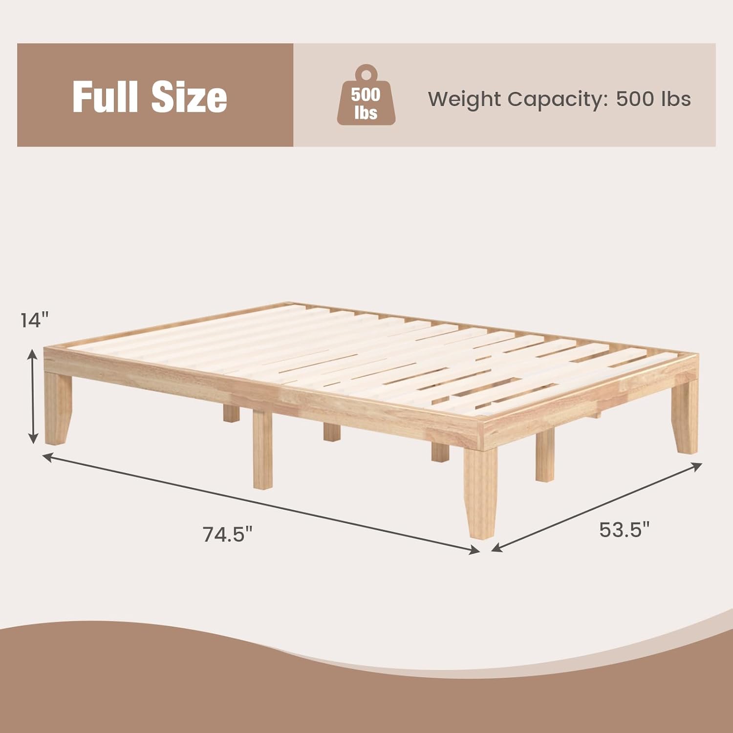 Giantex 14 Inch Full Wood Platform Bed Frame, Minimalist Style Mattress Foundation with Solid Rubber Wood, Heavy Duty Slat Support, Without Headboard, Easy Assembly, No Box Spring Needed, Natural