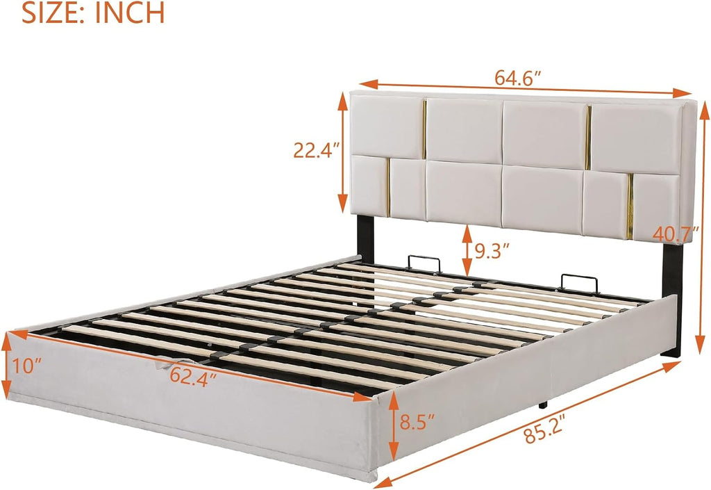 2 Pieces Bedroom Sets, Queen Size Velvet Upholstered Platform Bed with Hydraulic Storage System and Gold Decoration, Storage Ottoman with Metal Legs, Modern Design (Beige)