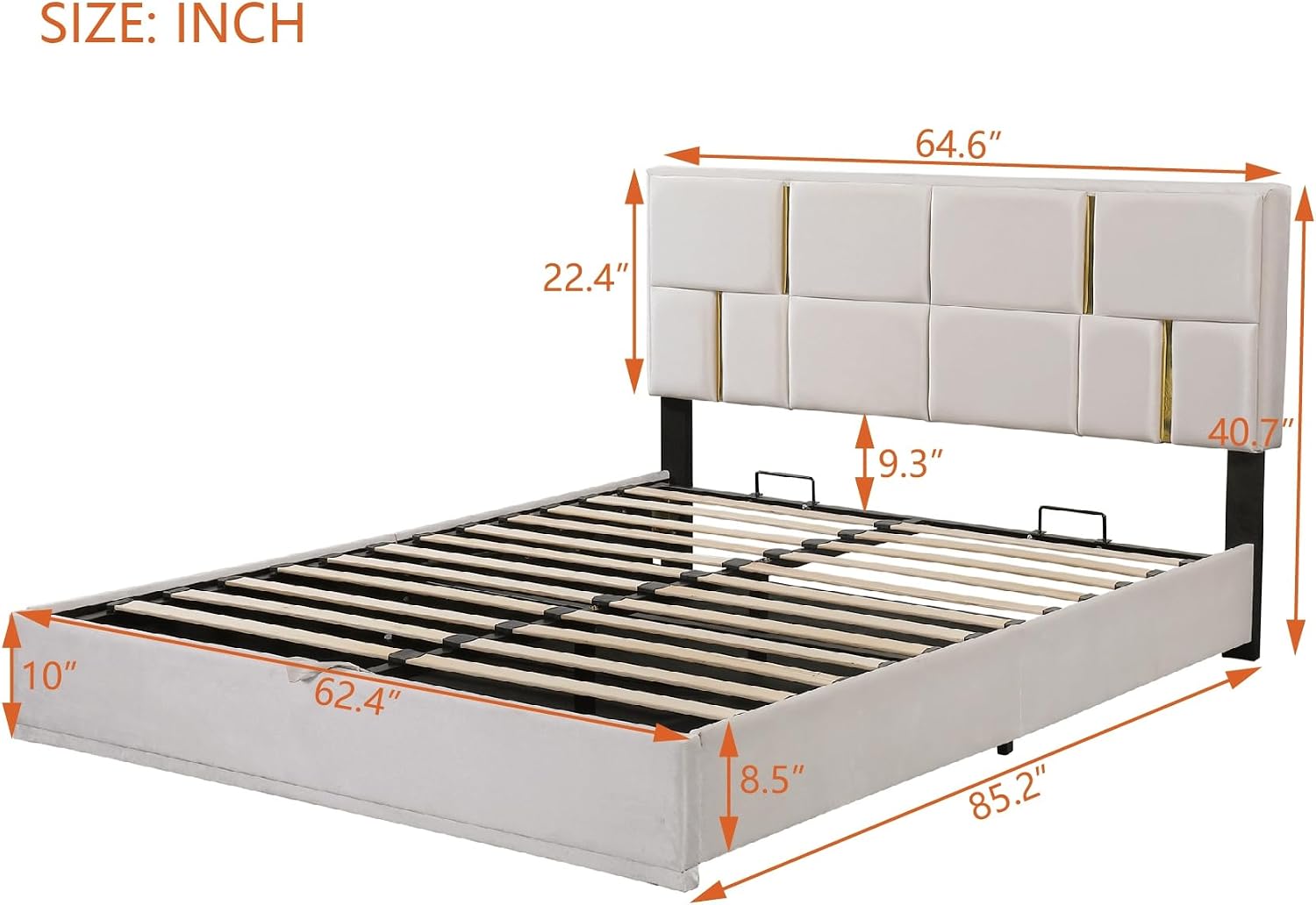 2 Pieces Bedroom Sets, Queen Size Velvet Upholstered Platform Bed with Hydraulic Storage System and Gold Decoration, Storage Ottoman with Metal Legs, Modern Design (Beige)