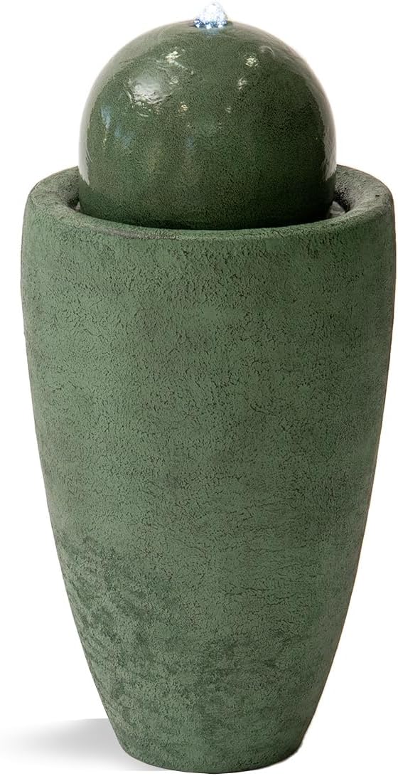 XBrand 25.98' Modern Sphere Water Fountain with LED Light – Indoor Outdoor Stone Texture Floor Fountain, Zen Bubbling Ball Water Feature for Garden Patio Porch - Green